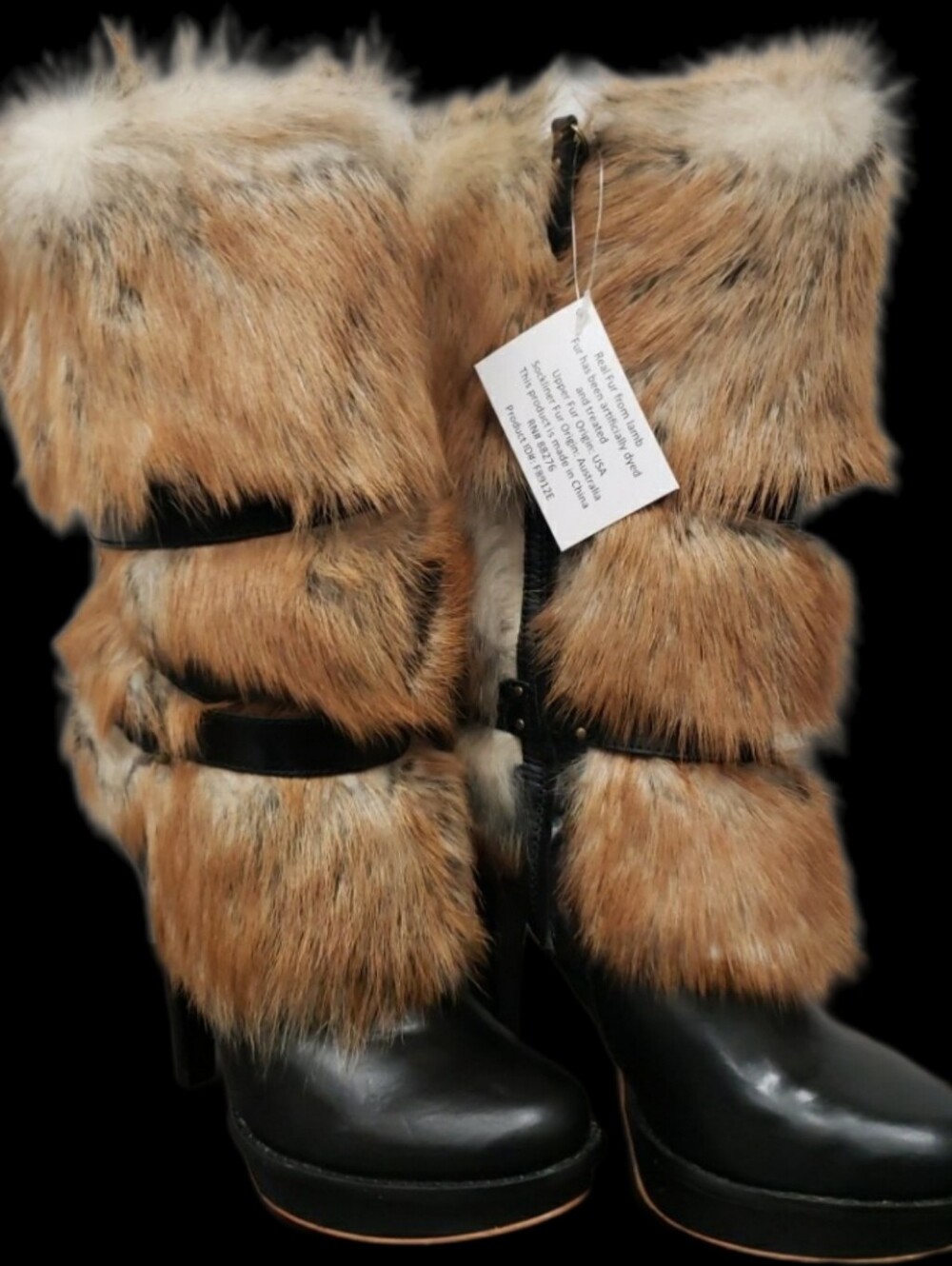 UGG Australia Black Real Fur Cuffs High Heeled Boots - Size 8.5- NEW